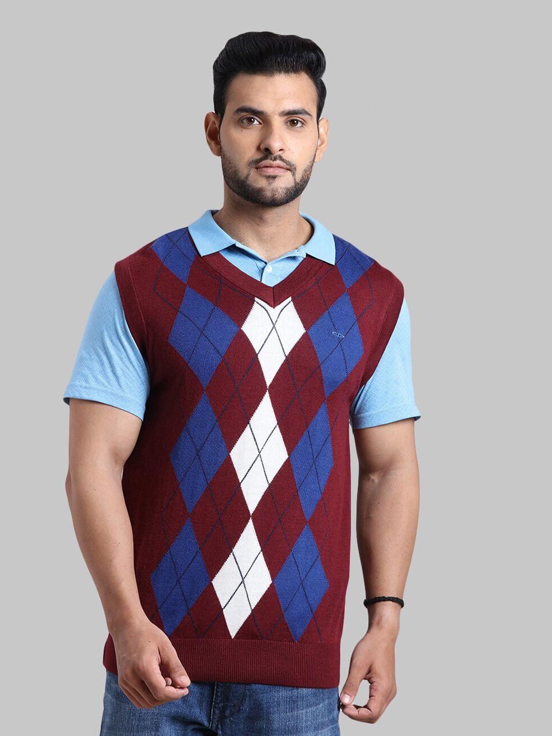 colorplus men maroon & blue printed v-neck acrylic pullover