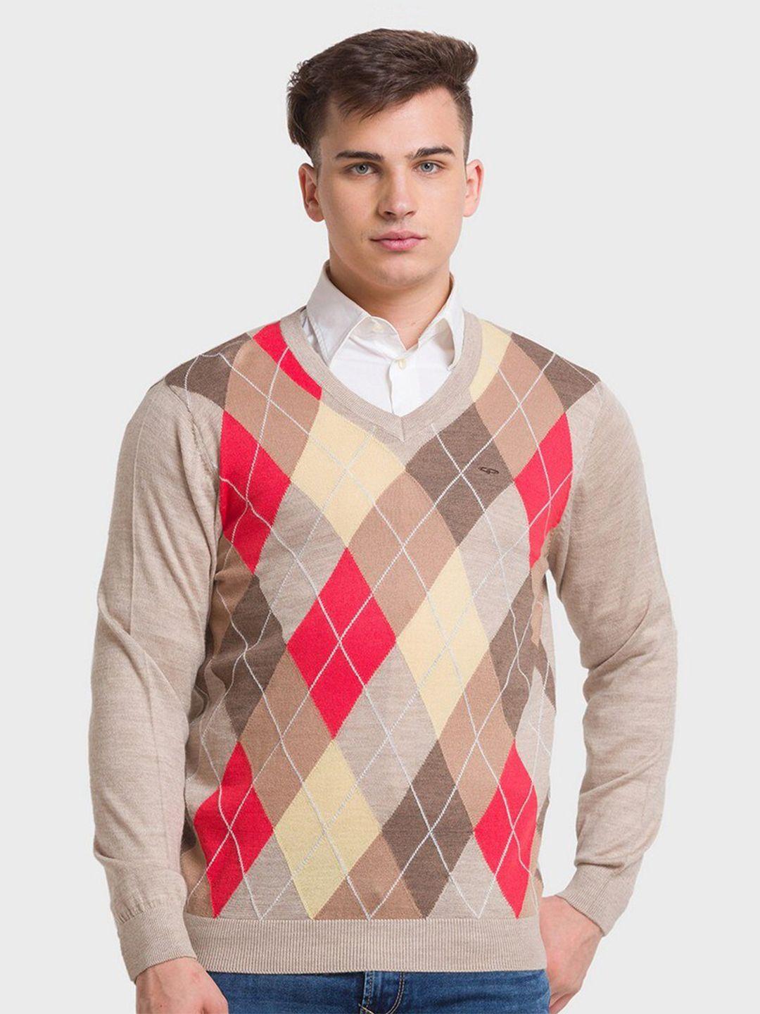 colorplus men plus size beige & red self design pullover