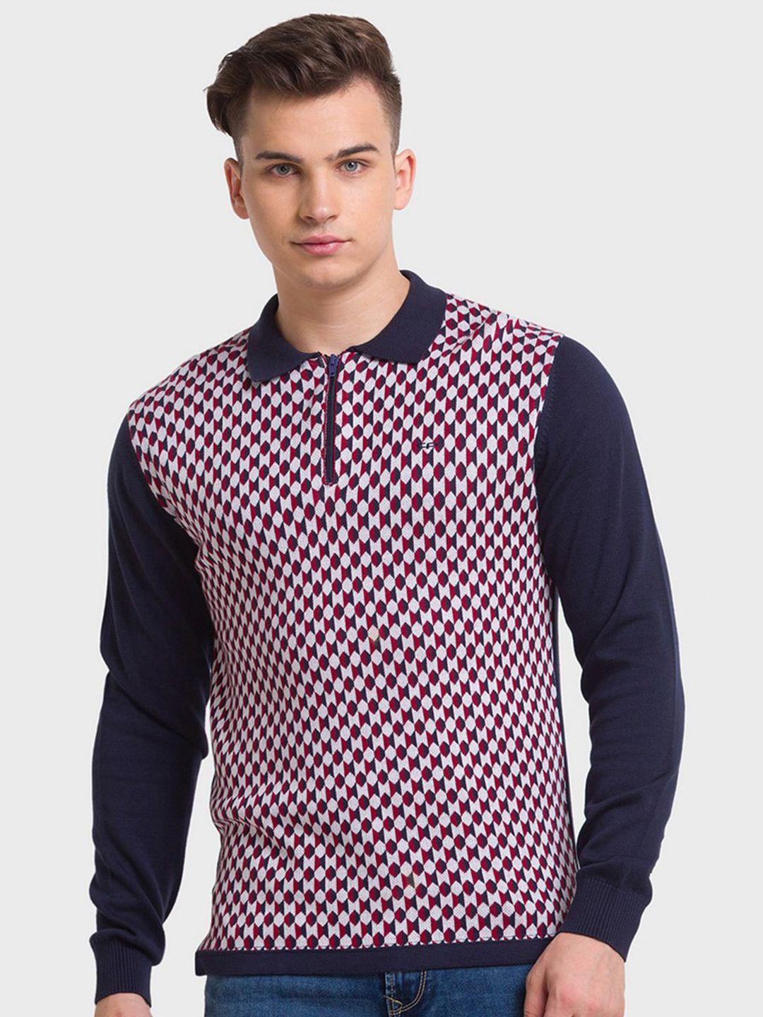 colorplus men red & blue printed polo collar organic cotton slim fit t-shirt