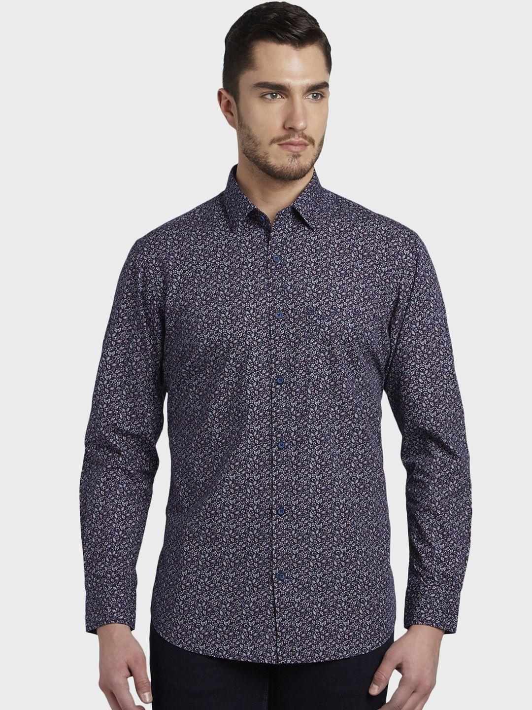 colorplus men red & blue tailored fit printed casual shirt