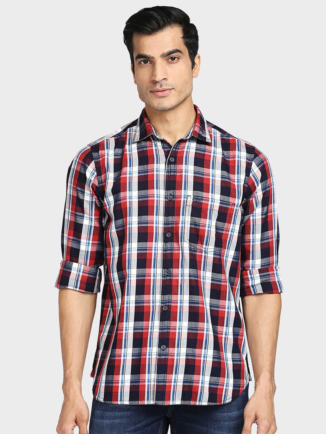 colorplus men red tailored fit tartan checks checked cotton casual shirt