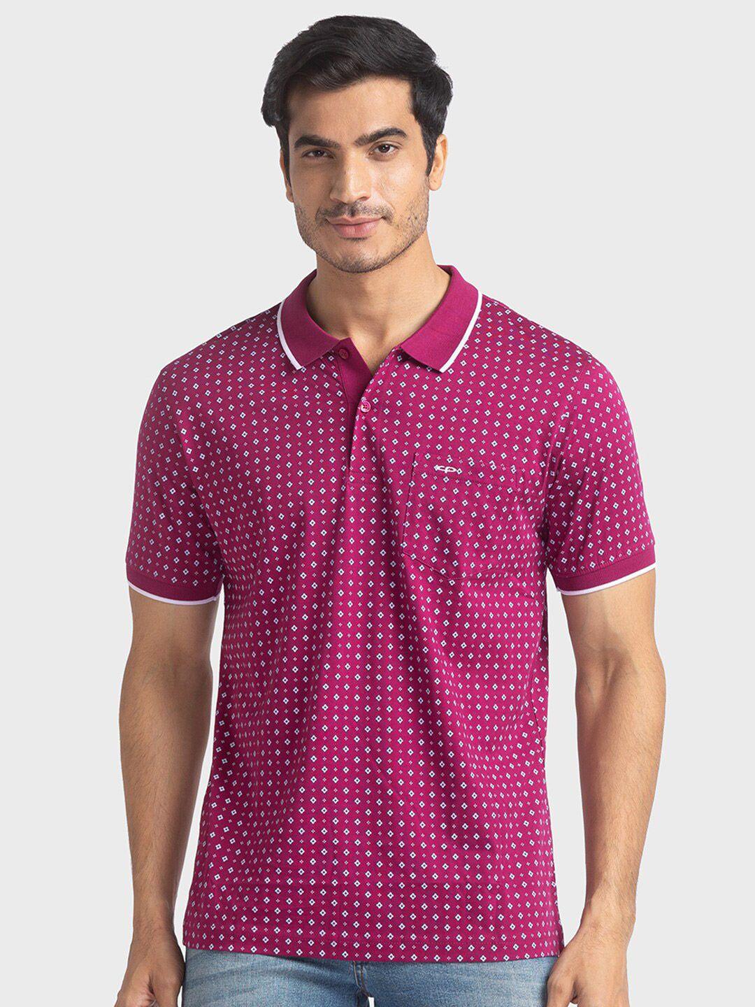 colorplus men violet micro or ditsy printed polo collar cotton t-shirt