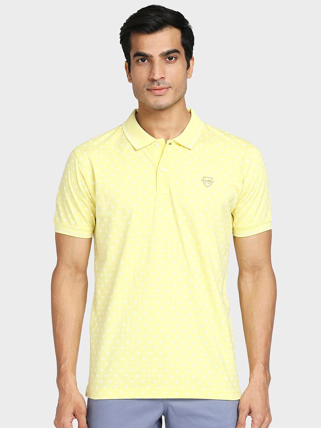 colorplus men yellow printed polo collar cotton t-shirt