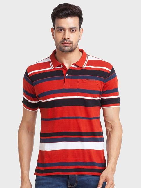 colorplus orange cotton tailored fit striped polo t-shirt