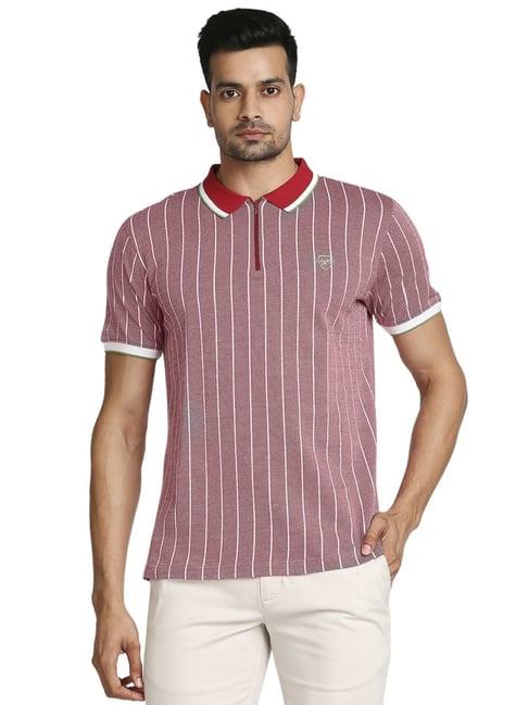 colorplus red cotton tailored fit striped polo t-shirts