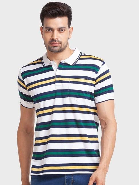 colorplus white cotton tailored fit striped polo t-shirt