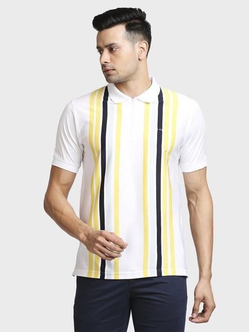 colorplus white cotton tailored fit striped polo t-shirt