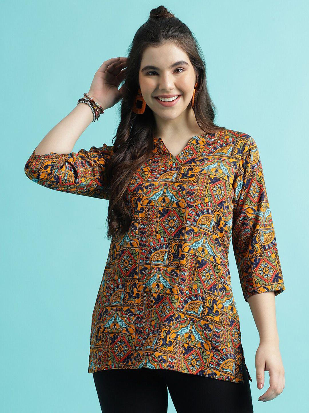 colors of earth ethnic motifs printed round neck kurti
