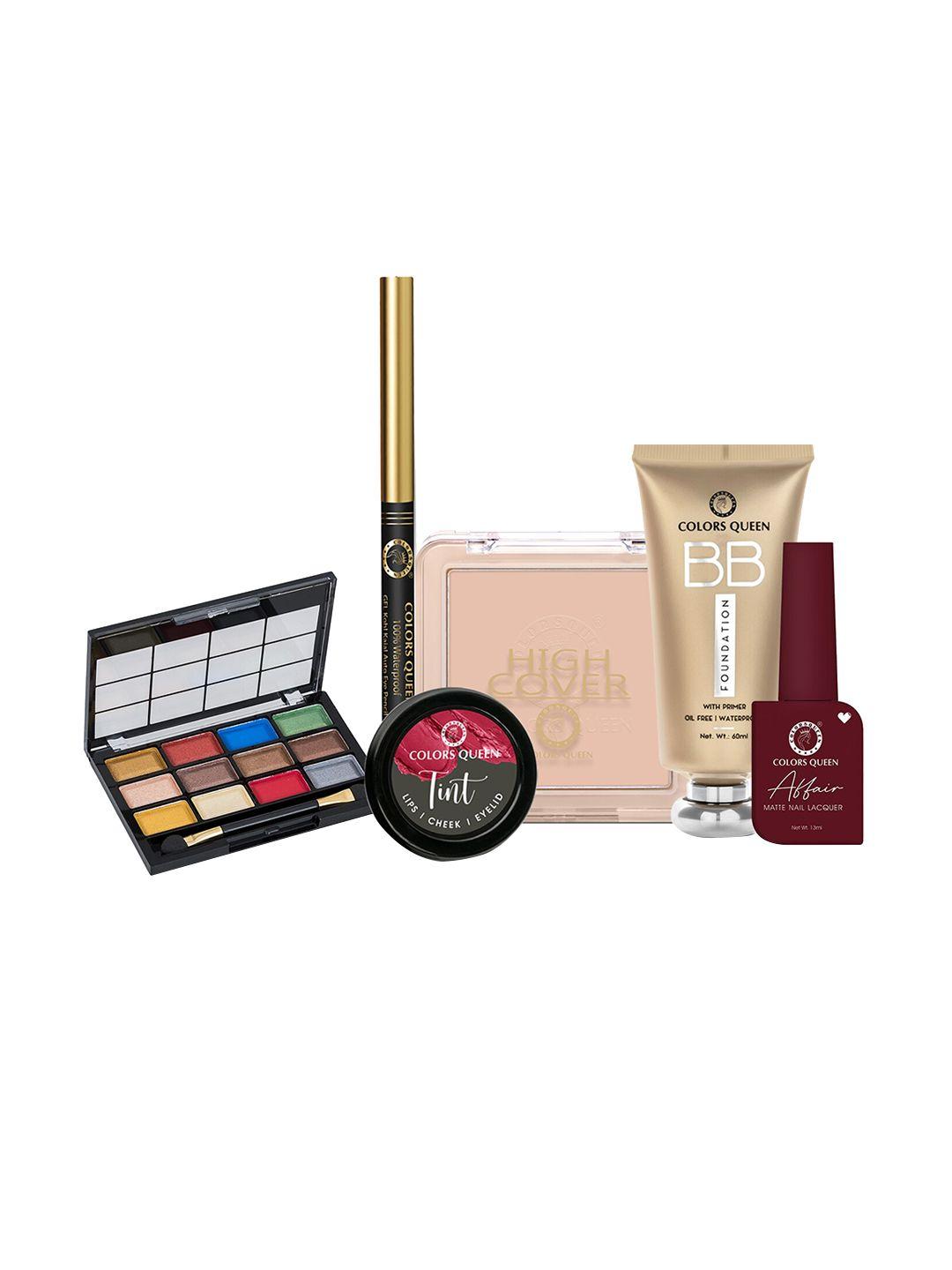 colors queen 7pcs bb cream-kajal-lip & cheek tint-compact-eyeshadow & nail polish gift set