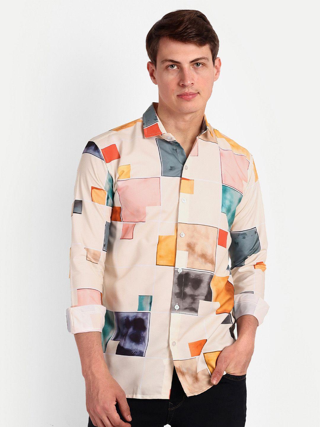 colorwings men beige comfort slim fit semi sheer printed party shirt