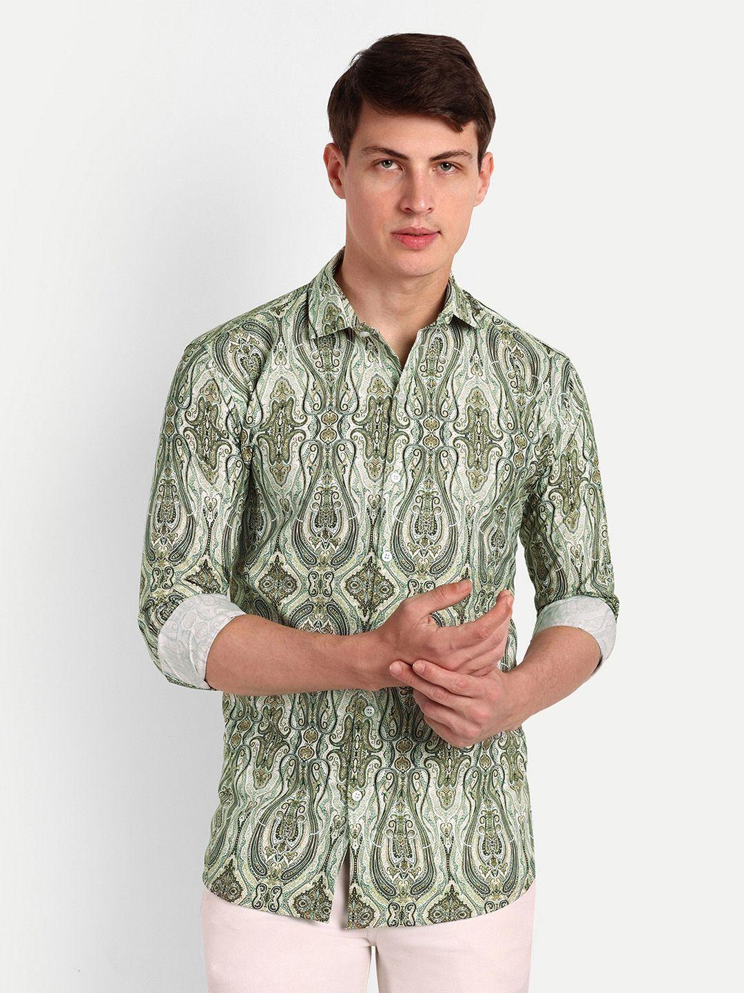 colorwings men green comfort slim fit semi sheer printed party shirt