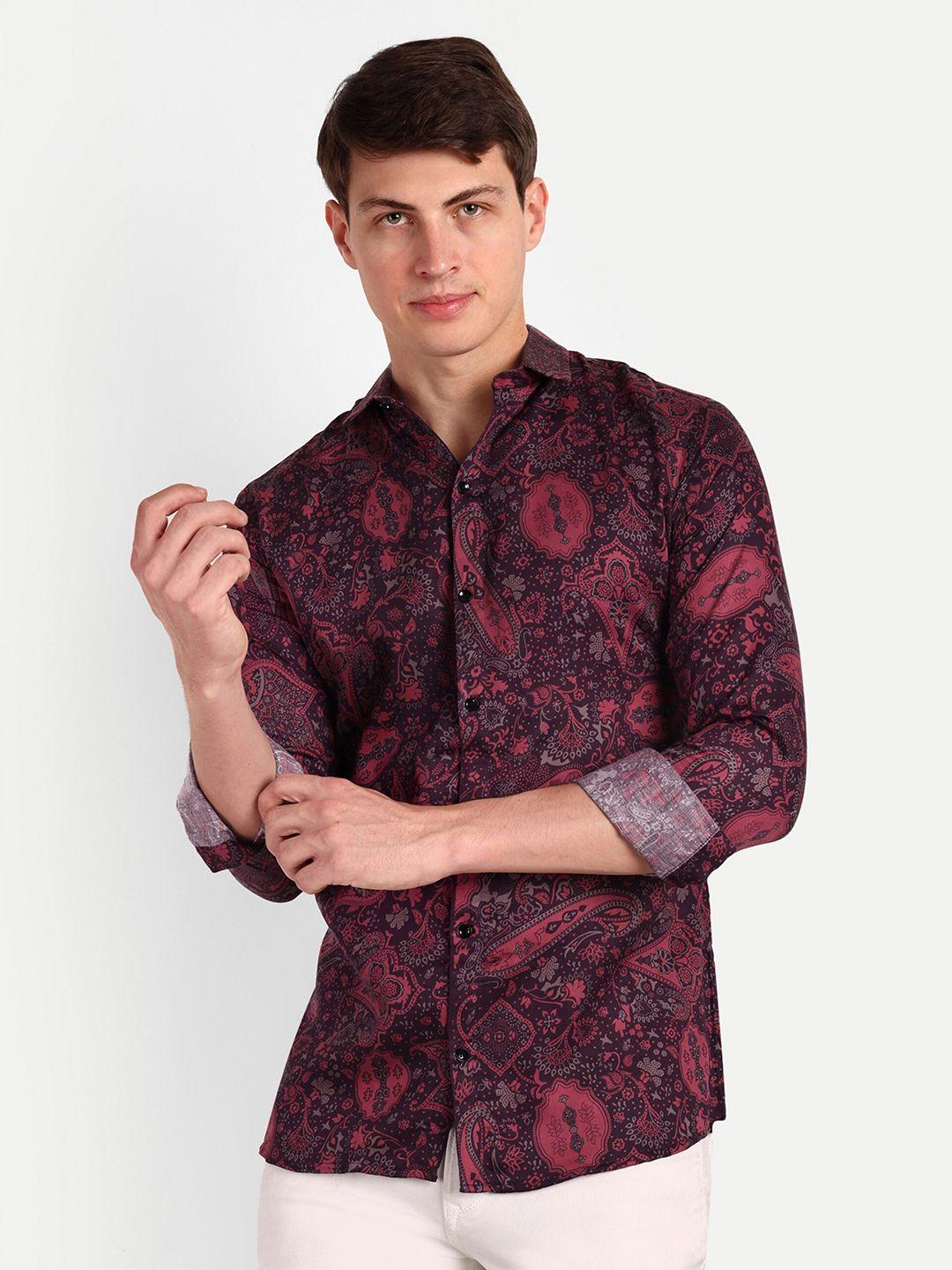 colorwings men maroon comfort slim fit semi sheer printed party shirt
