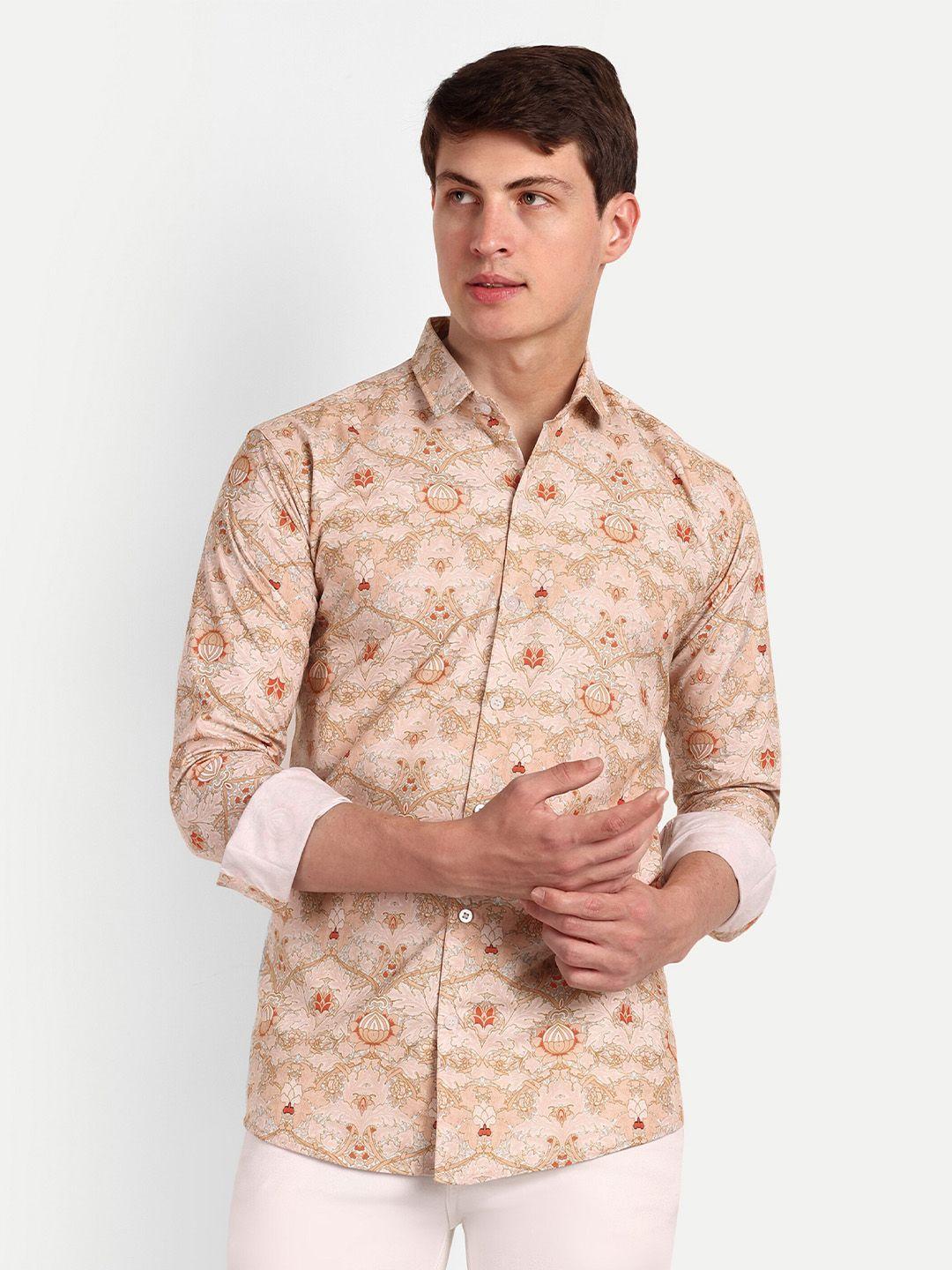 colorwings men peach-coloured comfort slim fit floral semi sheer printed party shirt