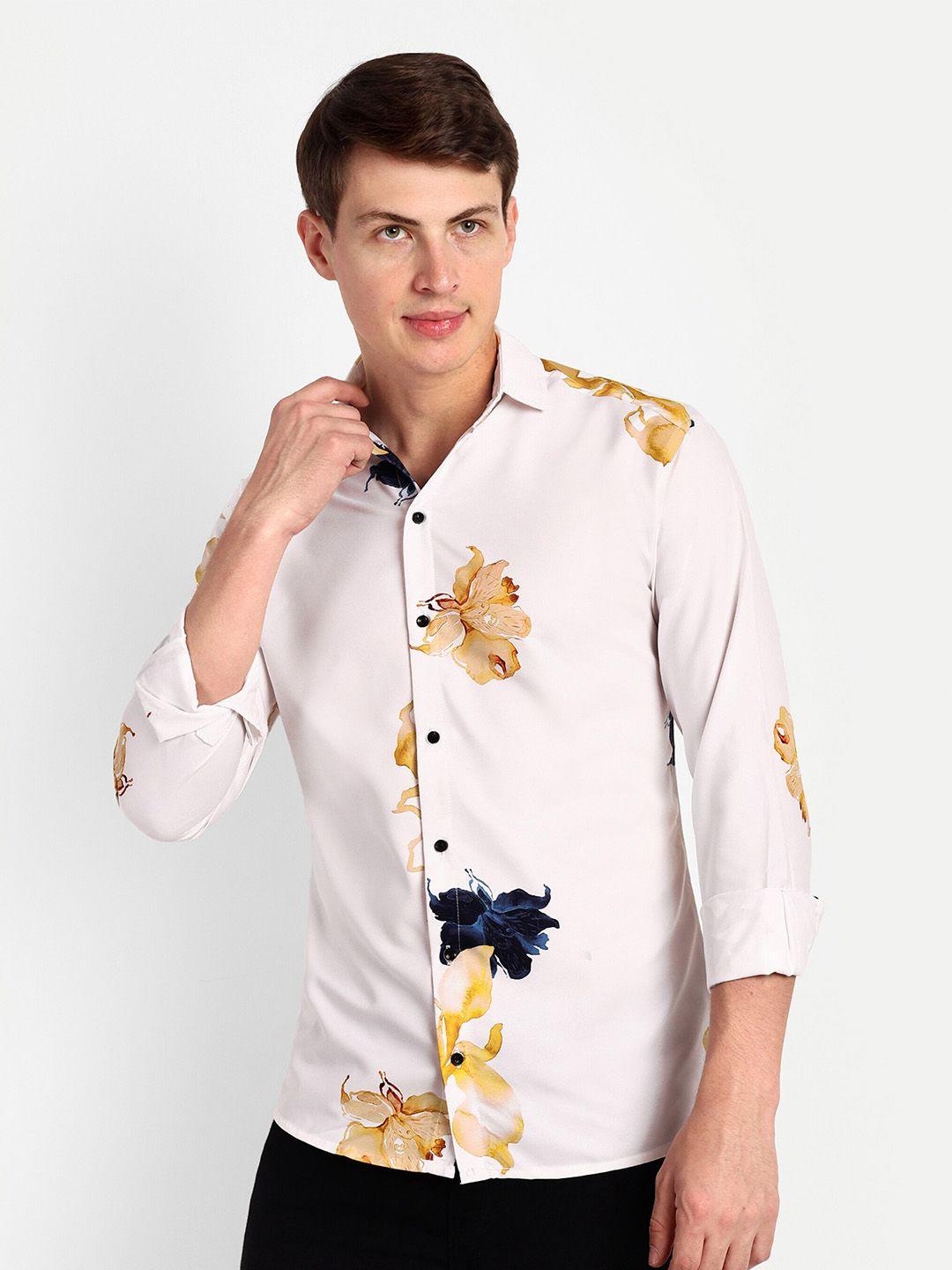 colorwings men white comfort slim fit floral semi sheer printed party shirt