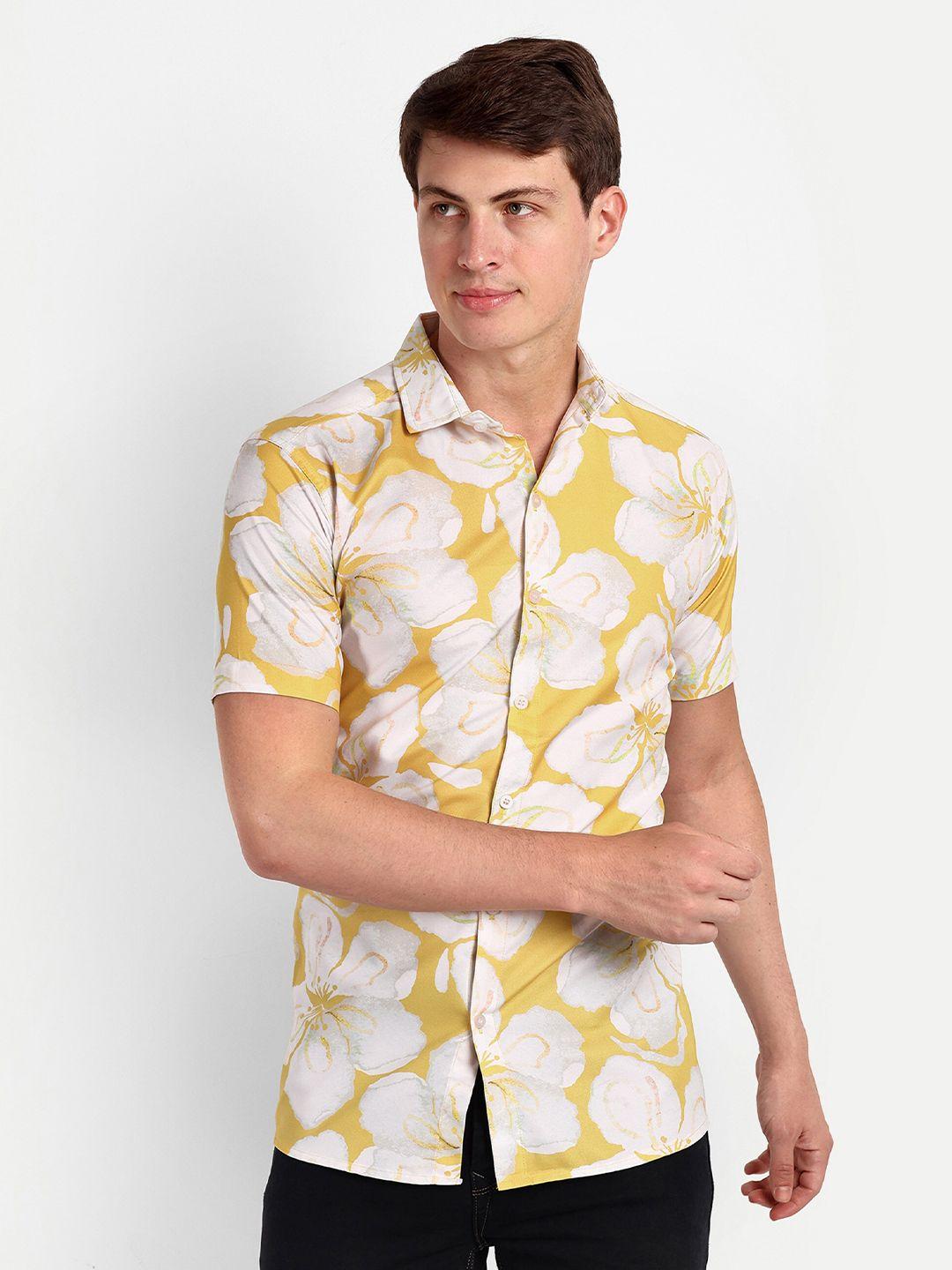 colorwings men yellow comfort slim fit floral semi sheer printed casual shirt