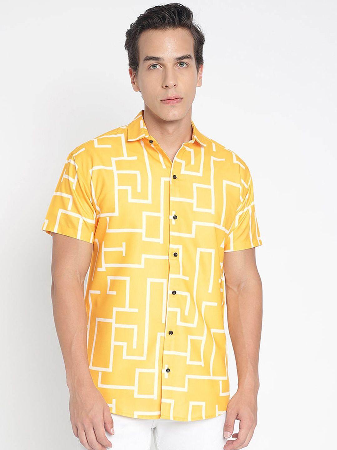 colorwings men yellow comfort slim fit semi sheer printed casual shirt