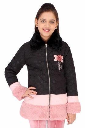 colour blocked polyester suede and fur collar neck girls jacket - black
