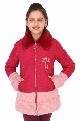 colour blocked polyester suede and fur collar neck girls jacket - maroon