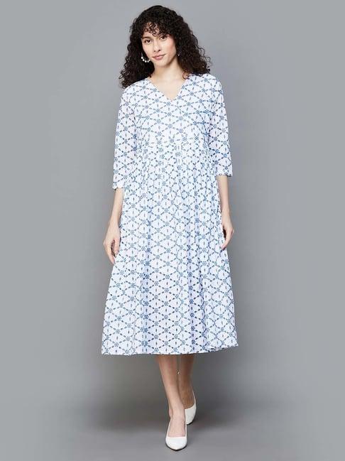 colour me by melange blue cotton embroidered a-line dress