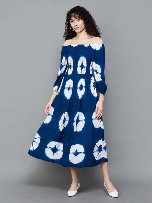 colour me by melange blue printed a-line dress
