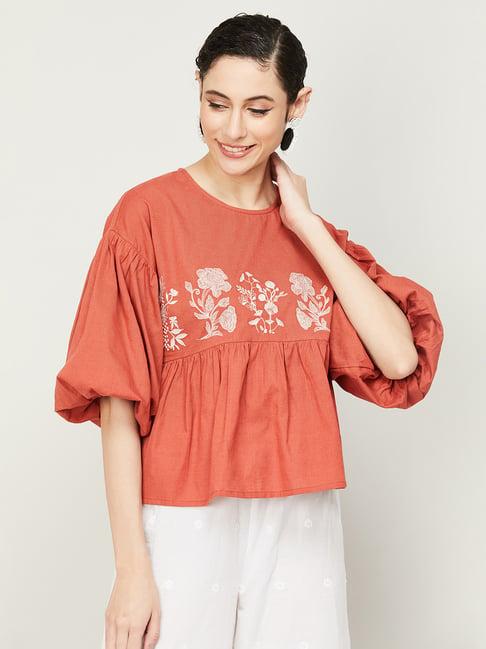 colour me by melange coral embroidered top