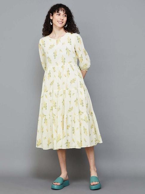 colour me by melange cream cotton printed a-line dress