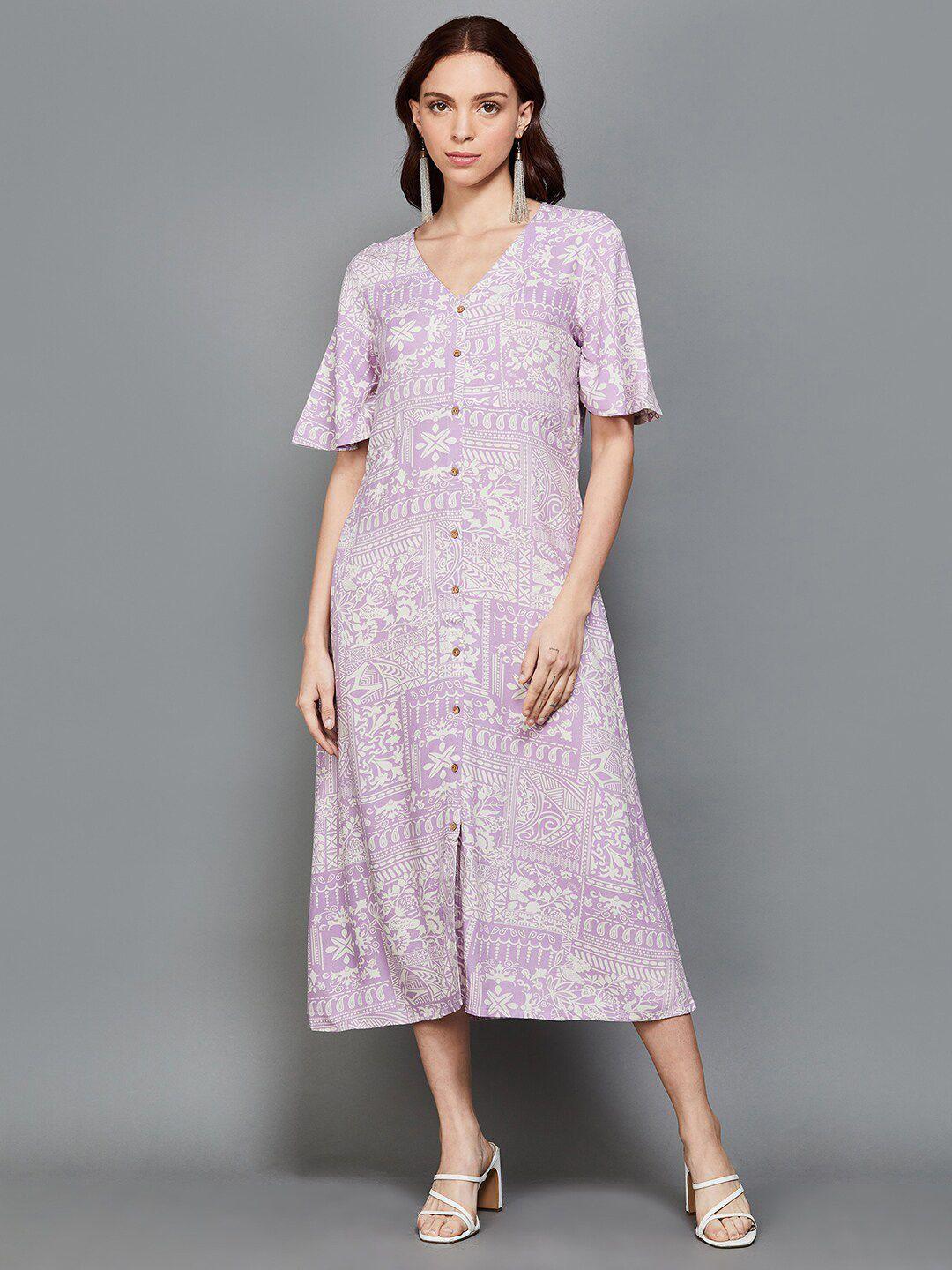 colour me by melange ethnic motifs printed flared sleeve a-line midi dress