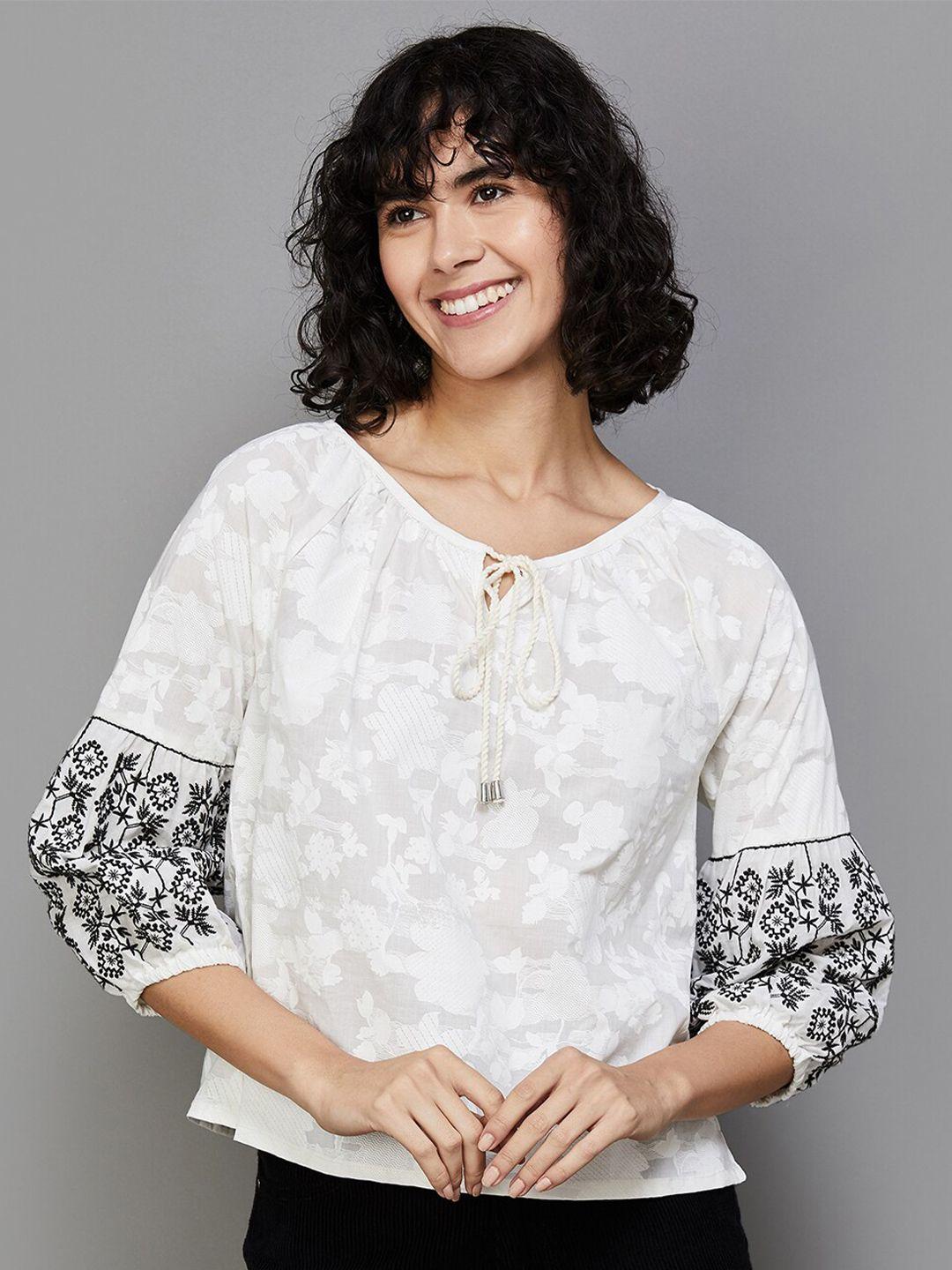 colour me by melange floral printed tie-up neck puff sleeve embroidered cotton top