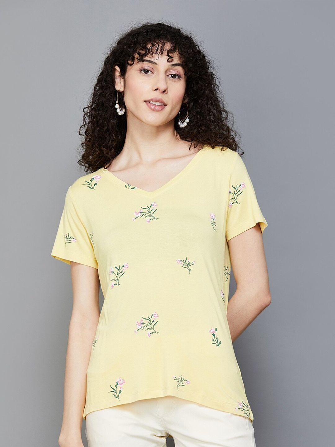 colour me by melange floral printed v-neck t-shirt