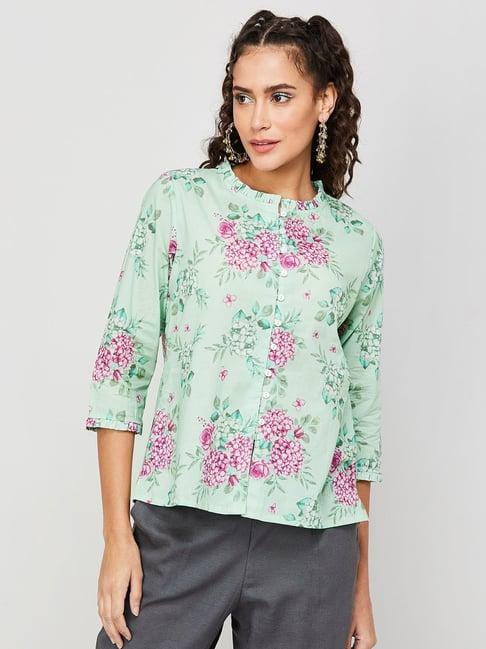 colour me by melange green cotton printed top