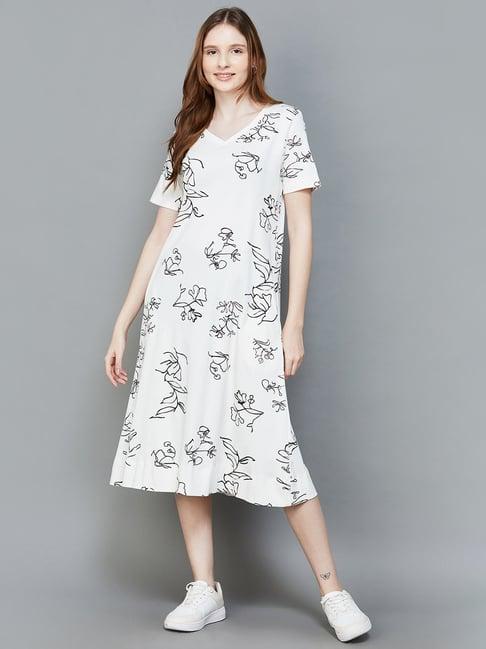 colour me by melange off-white cotton floral print a-line dress