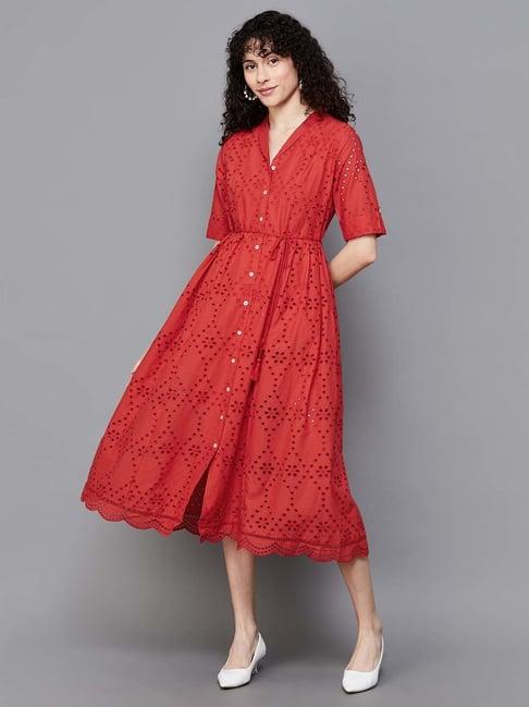 colour me by melange red cotton self pattern a-line dress