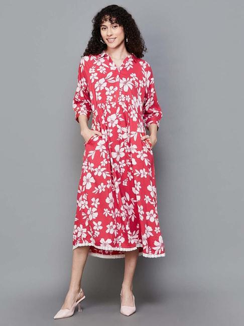 colour me by melange red printed a-line dress