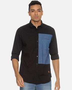 colour-block button-down shirt with patch pocket