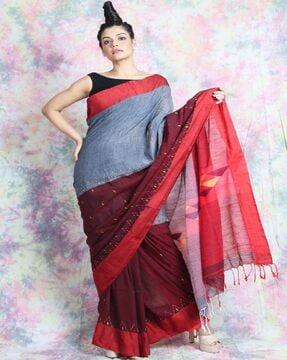 colour-block saree with tassels & unstitched blouse piece