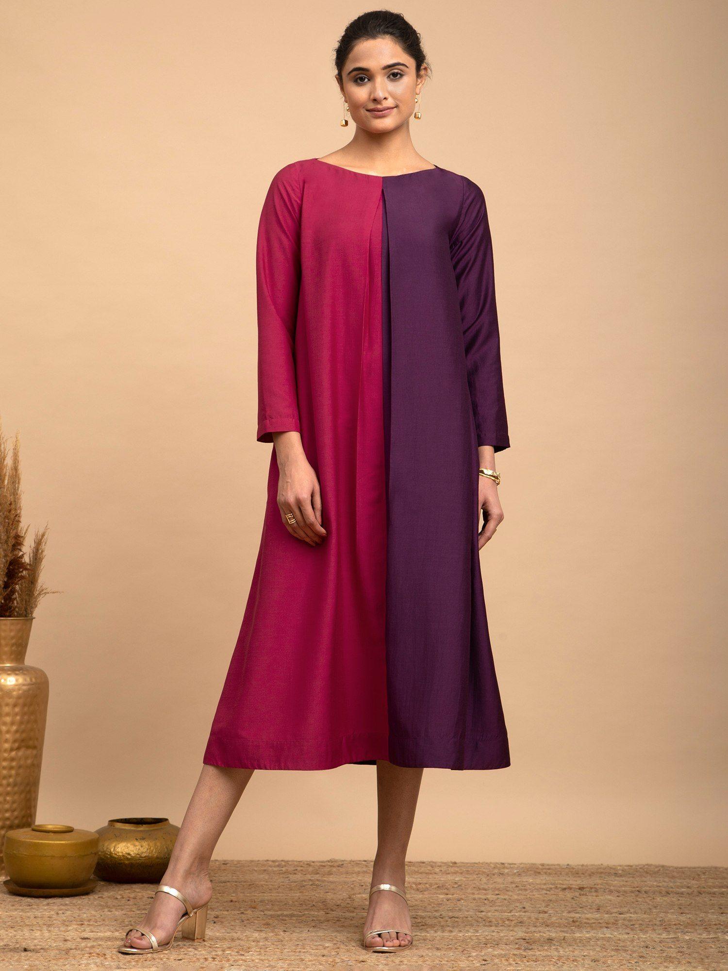 colour block silk dress - pink and wine