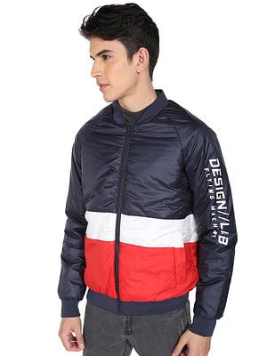 colour block stand collar bomber jacket