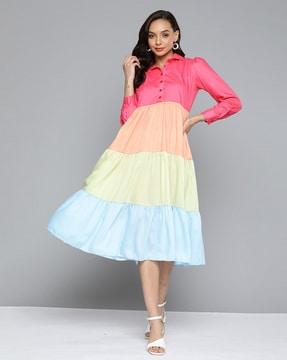 colour-block tiered dress with collar