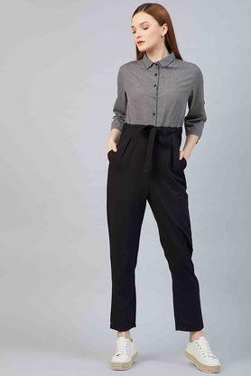 colour blocked 3/4th sleeves polyester women's full length jumpsuit - black