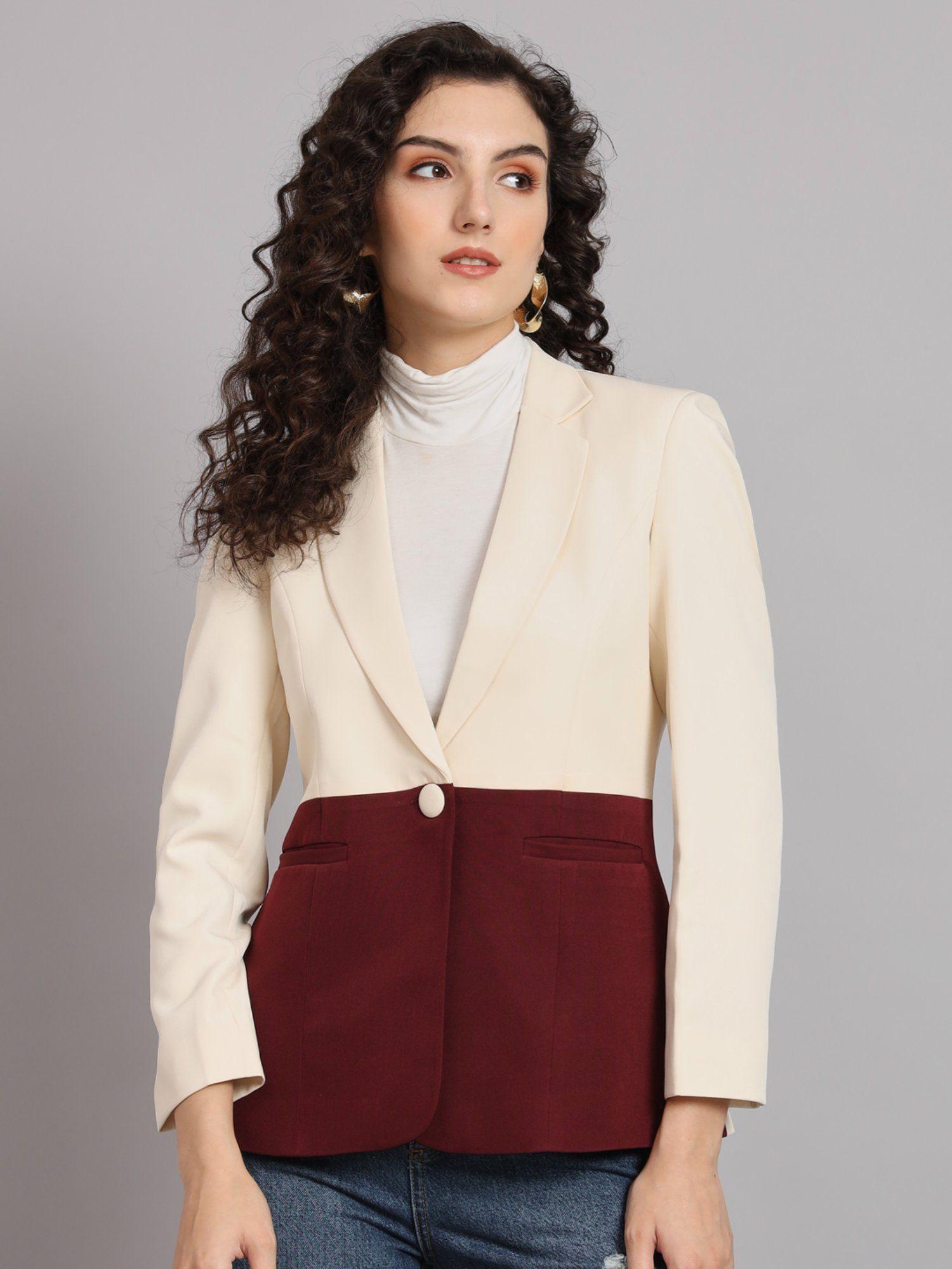 colour blocked notch collar blazer maroon and cream