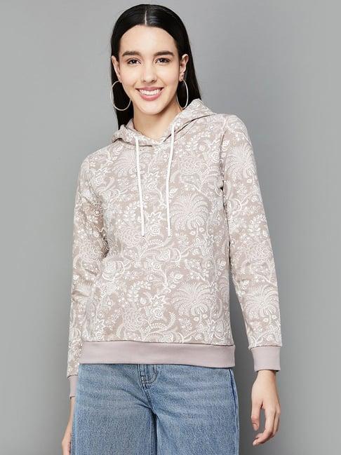 colour me by melange beige cotton floral print hoodie