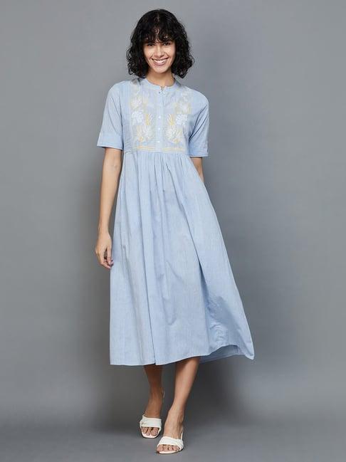 colour me by melange blue cotton embroidered a-line dress