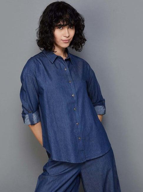 colour me by melange blue cotton embroidered shirt