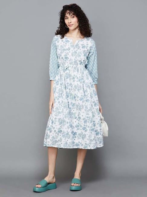colour me by melange blue cotton printed a-line dress