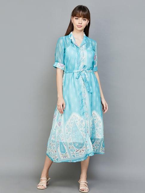 colour me by melange blue printed shirt dress