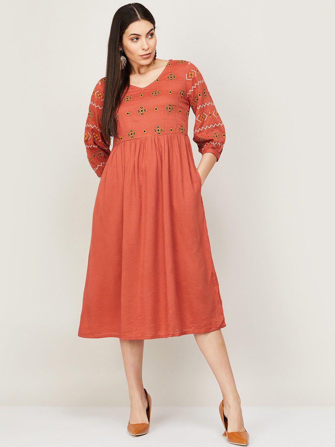 colour me by melange brown ethnic motifs midi dress