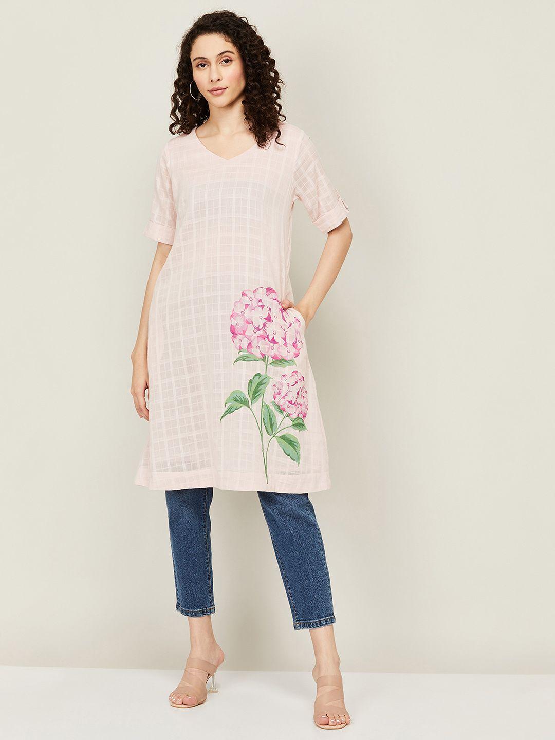colour me by melange checked printed v-neck pure cotton tunic