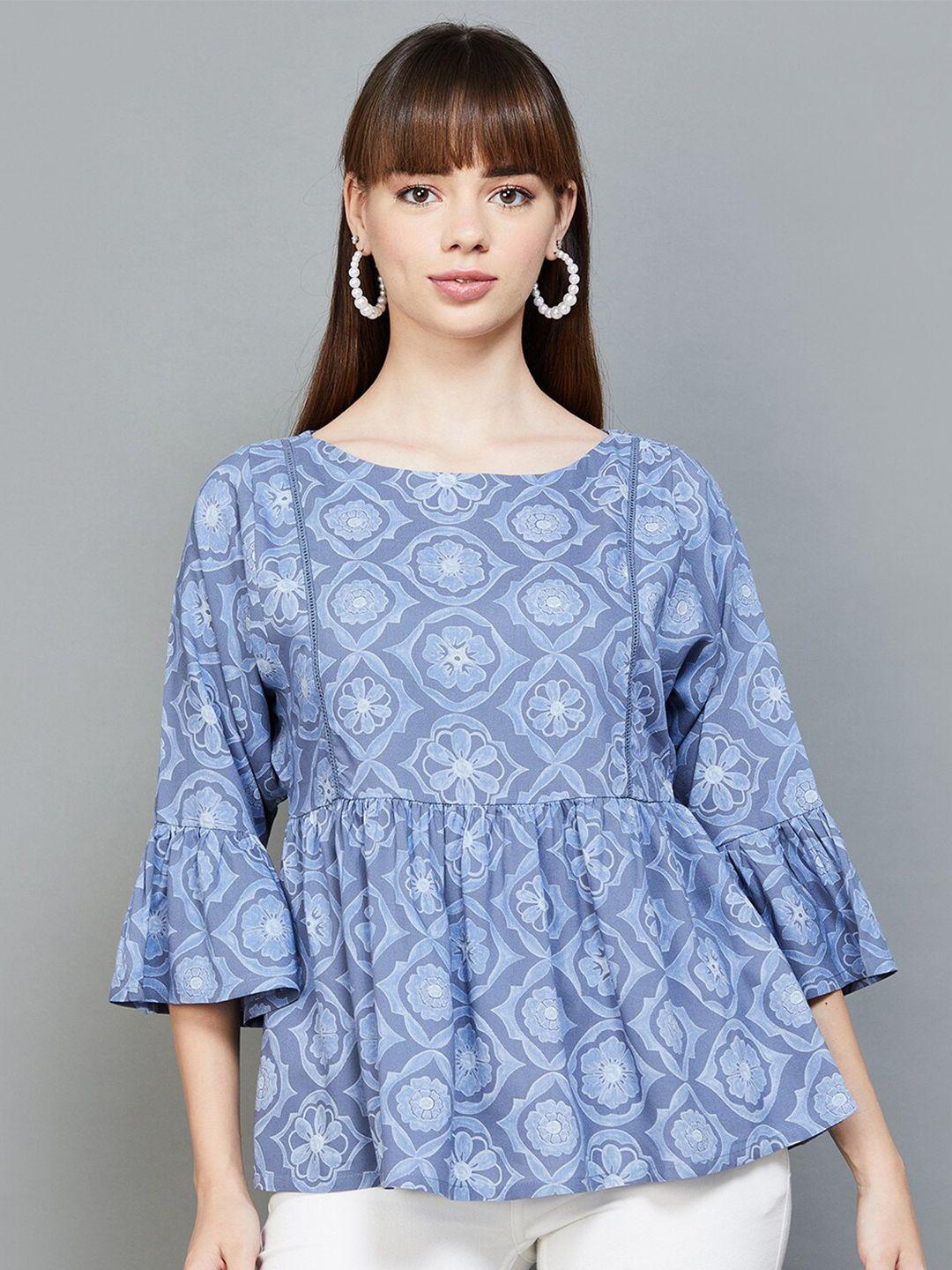 colour me by melange ethnic motifs printed bell sleeves gathered a-line top