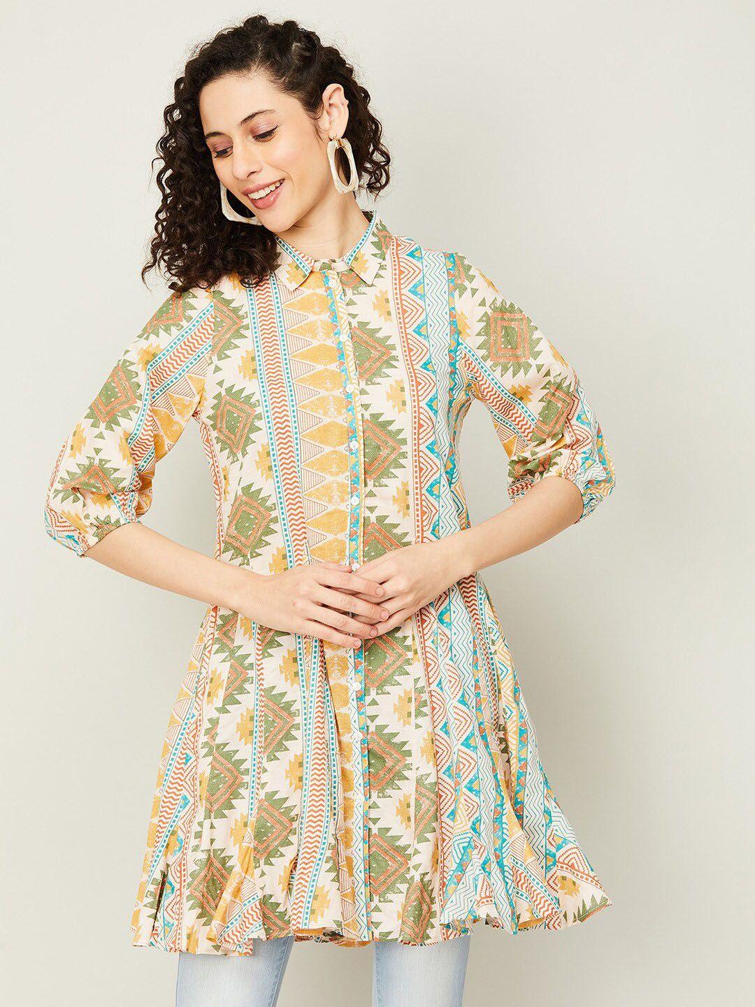 colour me by melange ethnic motifs printed shirt collar pure cotton kurti