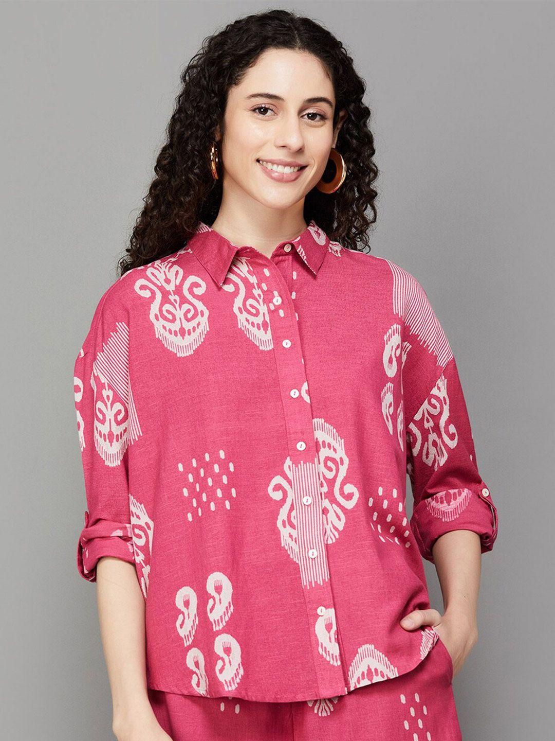 colour me by melange ethnic motifs printed spread collar roll-up sleeves casual shirt